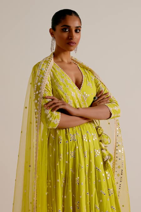 Shop Preevin Green Cotton, Tulle, Net Mirrors, Tiered Angarkha With Embellished Dupatta Online at Aza Fashions Shop_Preevin_Green Cotton, Tulle, Net Mirrors, Tiered Angarkha With Embellished Dupatta _Online_at_Aza_Fashions