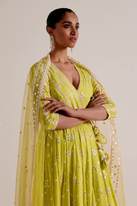 Preevin Green Cotton, Tulle, Net Mirrors, Tiered Angarkha With Embellished Dupatta at Aza Fashions Preevin_Green Cotton, Tulle, Net Mirrors, Tiered Angarkha With Embellished Dupatta _at_Aza_Fashions