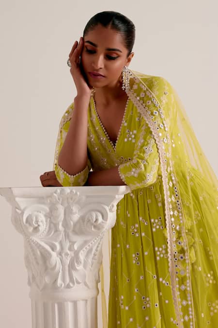 Buy Preevin Green Cotton, Tulle, Net Mirrors, Tiered Angarkha With Embellished Dupatta Buy_Preevin_Green Cotton, Tulle, Net Mirrors, Tiered Angarkha With Embellished Dupatta