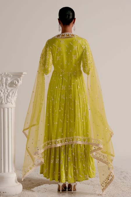 Shop Preevin Green Cotton, Tulle, Net Mirrors, Tiered Angarkha With Embellished Dupatta at Aza Fashions Shop_Preevin_Green Cotton, Tulle, Net Mirrors, Tiered Angarkha With Embellished Dupatta _at_Aza_Fashions