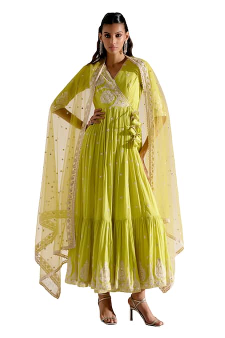 Preevin Green Cotton, Tulle, Net Tiered Angarkha With Embellished Sheer Dupatta Online at Aza Fashions Preevin_Green Cotton, Tulle, Net Tiered Angarkha With Embellished Sheer Dupatta _Online_at_Aza_Fashions
