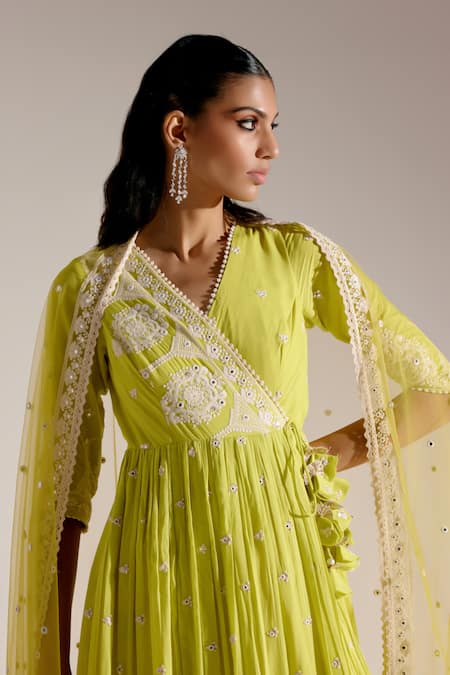Buy Preevin Green Cotton, Tulle, Net Tiered Angarkha With Embellished Sheer Dupatta Online at Aza Fashions Buy_Preevin_Green Cotton, Tulle, Net Tiered Angarkha With Embellished Sheer Dupatta _Online_at_Aza_Fashions