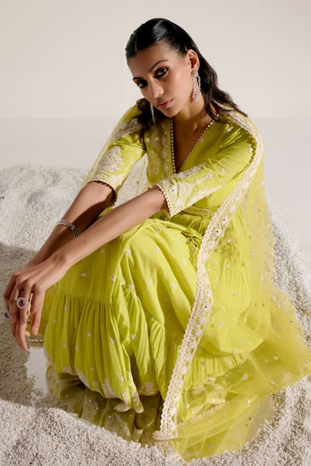 Shop Preevin Green Cotton, Tulle, Net Tiered Angarkha With Embellished Sheer Dupatta Online at Aza Fashions Shop_Preevin_Green Cotton, Tulle, Net Tiered Angarkha With Embellished Sheer Dupatta _Online_at_Aza_Fashions