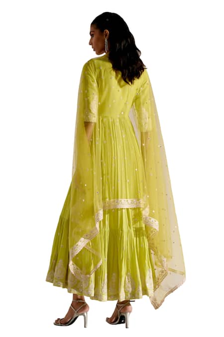 Preevin Green Cotton, Tulle, Net Tiered Angarkha With Embellished Sheer Dupatta at Aza Fashions Preevin_Green Cotton, Tulle, Net Tiered Angarkha With Embellished Sheer Dupatta _at_Aza_Fashions