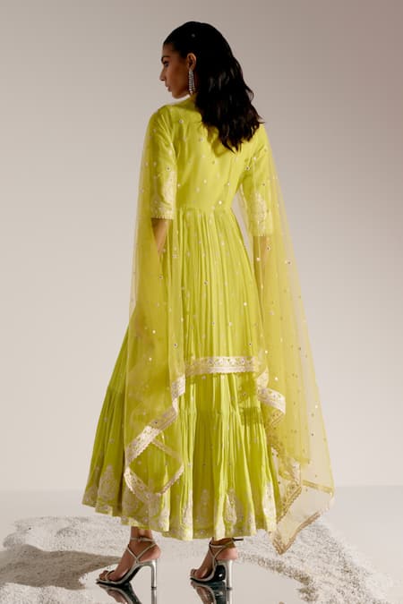 Shop Preevin Green Cotton, Tulle, Net Tiered Angarkha With Embellished Sheer Dupatta at Aza Fashions Shop_Preevin_Green Cotton, Tulle, Net Tiered Angarkha With Embellished Sheer Dupatta _at_Aza_Fashions