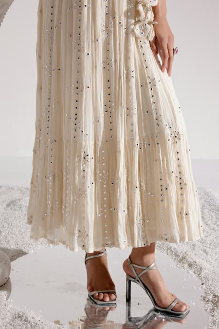 Preevin_Off White Cotton, Tulle, Net Mirrors, Floral Embellished Angarkha With Dupatta _Online_at_Aza_Fashions