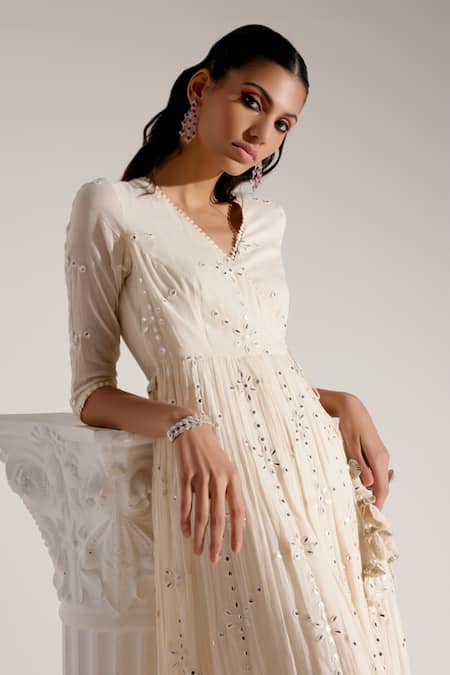 Buy_Preevin_Off White Cotton, Tulle, Net Mirrors, Floral Embellished Angarkha With Dupatta _Online_at_Aza_Fashions
