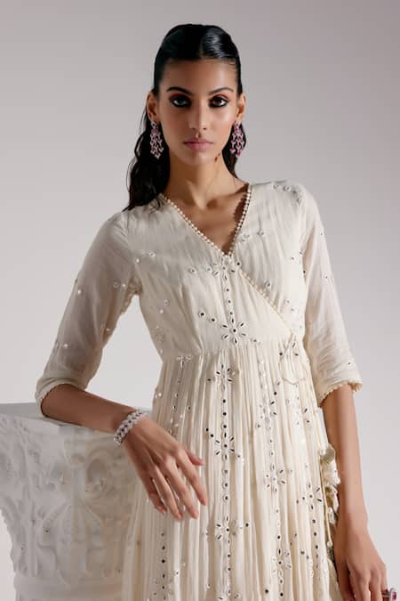 Shop_Preevin_Off White Cotton, Tulle, Net Mirrors, Floral Embellished Angarkha With Dupatta _Online_at_Aza_Fashions
