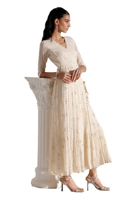 Preevin_Off White Cotton, Tulle, Net Mirrors, Floral Embellished Angarkha With Dupatta _at_Aza_Fashions