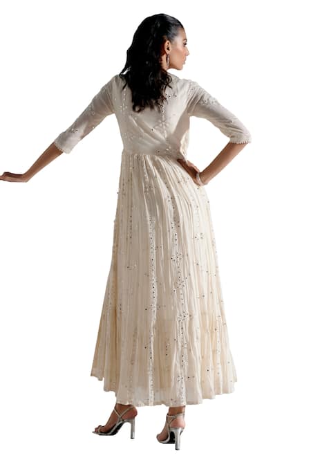 Buy_Preevin_Off White Cotton, Tulle, Net Mirrors, Floral Embellished Angarkha With Dupatta 