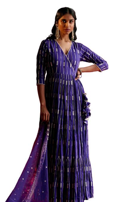 Preevin Purple Cotton, Net, Tulle Mirrors, Stripe Embellished Angarkha With Dupatta Online at Aza Fashions Preevin_Purple Cotton, Net, Tulle Mirrors, Stripe Embellished Angarkha With Dupatta _Online_at_Aza_Fashions