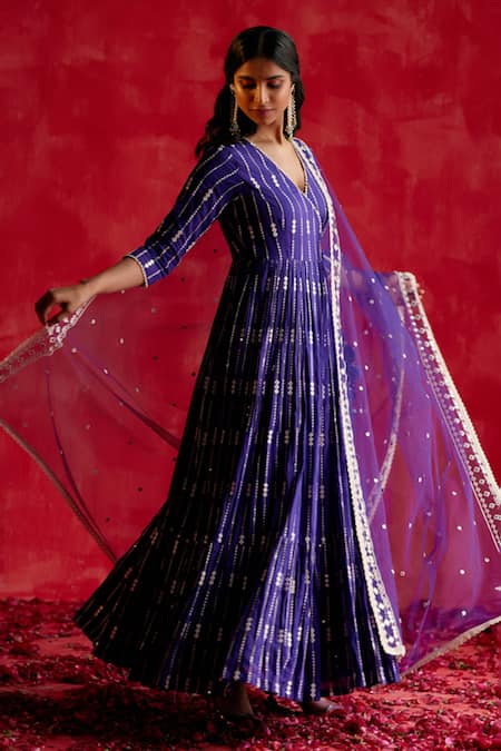 Buy Preevin Purple Cotton, Net, Tulle Mirrors, Stripe Embellished Angarkha With Dupatta Online at Aza Fashions Buy_Preevin_Purple Cotton, Net, Tulle Mirrors, Stripe Embellished Angarkha With Dupatta _Online_at_Aza_Fashions