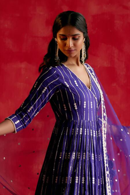 Shop Preevin Purple Cotton, Net, Tulle Mirrors, Stripe Embellished Angarkha With Dupatta Online at Aza Fashions Shop_Preevin_Purple Cotton, Net, Tulle Mirrors, Stripe Embellished Angarkha With Dupatta _Online_at_Aza_Fashions