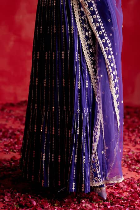 Preevin Purple Cotton, Net, Tulle Mirrors, Stripe Embellished Angarkha With Dupatta at Aza Fashions Preevin_Purple Cotton, Net, Tulle Mirrors, Stripe Embellished Angarkha With Dupatta _at_Aza_Fashions