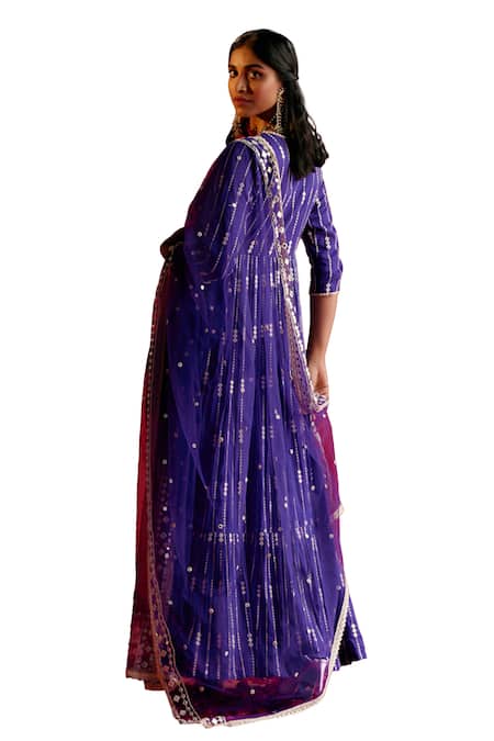 Buy Preevin Purple Cotton, Net, Tulle Mirrors, Stripe Embellished Angarkha With Dupatta Buy_Preevin_Purple Cotton, Net, Tulle Mirrors, Stripe Embellished Angarkha With Dupatta