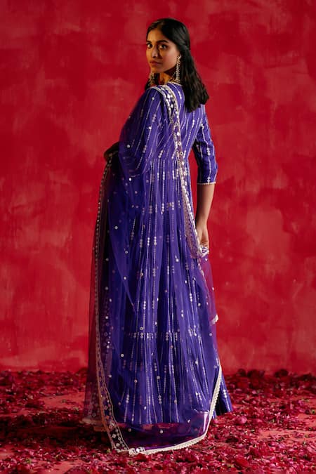 Shop Preevin Purple Cotton, Net, Tulle Mirrors, Stripe Embellished Angarkha With Dupatta at Aza Fashions Shop_Preevin_Purple Cotton, Net, Tulle Mirrors, Stripe Embellished Angarkha With Dupatta _at_Aza_Fashions