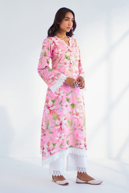 Buy Roze Pink Cotton, Chiffon Lace Split V-neck Aasma Floral Print Kurta Set Online at Aza Fashions Buy_Roze_Pink Cotton, Chiffon Lace Split V-neck Aasma Floral Print Kurta Set _Online_at_Aza_Fashions