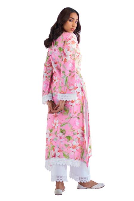 Shop Roze Pink Cotton, Chiffon Lace Split V-neck Aasma Floral Print Kurta Set Online at Aza Fashions Shop_Roze_Pink Cotton, Chiffon Lace Split V-neck Aasma Floral Print Kurta Set _Online_at_Aza_Fashions
