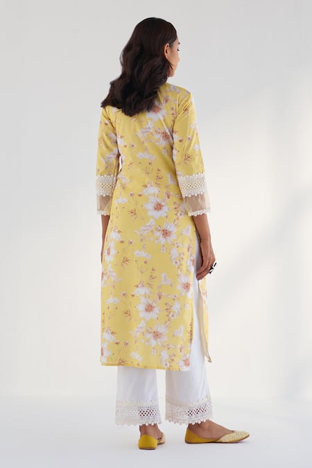 Shop Roze Yellow Cotton, Kota Doria Embroidery, Lace Amina Floral Print Kurta Pant Set at Aza Fashions Shop_Roze_Yellow Cotton, Kota Doria Embroidery, Lace Amina Floral Print Kurta Pant Set _at_Aza_Fashions
