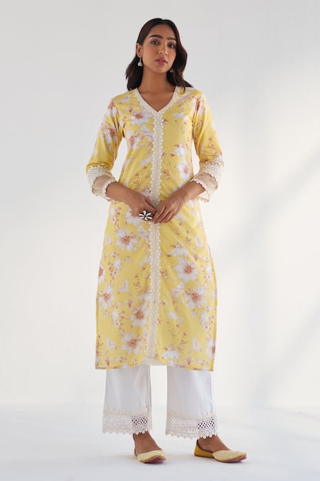 Roze Yellow Cotton, Kota Doria Embroidery, Lace Amina Floral Print Kurta Pant Set Online at Aza Fashions Roze_Yellow Cotton, Kota Doria Embroidery, Lace Amina Floral Print Kurta Pant Set _Online_at_Aza_Fashions