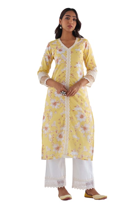 Buy Roze Yellow Cotton, Kota Doria Embroidery, Lace Amina Floral Print Kurta Pant Set Online at Aza Fashions Buy_Roze_Yellow Cotton, Kota Doria Embroidery, Lace Amina Floral Print Kurta Pant Set _Online_at_Aza_Fashions