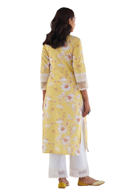 Shop Roze Yellow Cotton, Kota Doria Embroidery, Lace Amina Floral Print Kurta Pant Set Online at Aza Fashions Shop_Roze_Yellow Cotton, Kota Doria Embroidery, Lace Amina Floral Print Kurta Pant Set _Online_at_Aza_Fashions