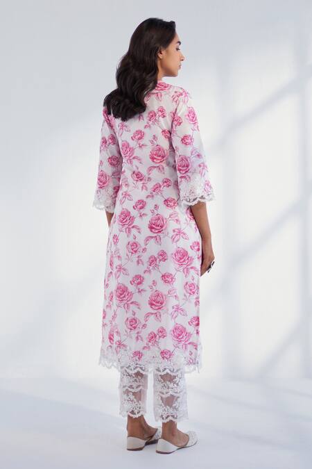 Shop Roze Pink Cotton, Chiffon Lace Round Neck Arah Rose Print Kurta Pant Set at Aza Fashions Shop_Roze_Pink Cotton, Chiffon Lace Round Neck Arah Rose Print Kurta Pant Set _at_Aza_Fashions