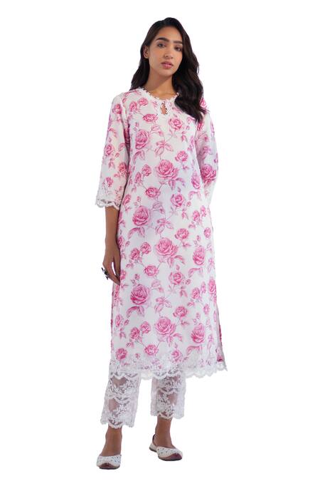 Buy Roze Pink Cotton, Chiffon Lace Round Neck Arah Rose Print Kurta Pant Set Online at Aza Fashions Buy_Roze_Pink Cotton, Chiffon Lace Round Neck Arah Rose Print Kurta Pant Set _Online_at_Aza_Fashions