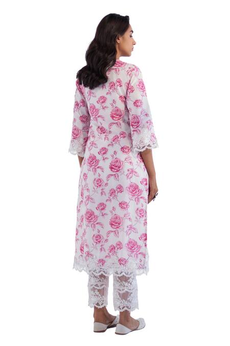 Shop Roze Pink Cotton, Chiffon Lace Round Neck Arah Rose Print Kurta Pant Set Online at Aza Fashions Shop_Roze_Pink Cotton, Chiffon Lace Round Neck Arah Rose Print Kurta Pant Set _Online_at_Aza_Fashions