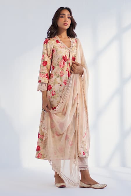 Roze Beige Pure Cotton Print Floral V Neck Farida Kurta Pant Set 