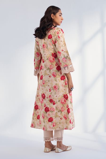 Shop Roze Beige Cotton, Chiffon Embroidery, Lace V-neck Farida Floral Print Kurta Pant Set at Aza Fashions Shop_Roze_Beige Cotton, Chiffon Embroidery, Lace V-neck Farida Floral Print Kurta Pant Set _at_Aza_Fashions