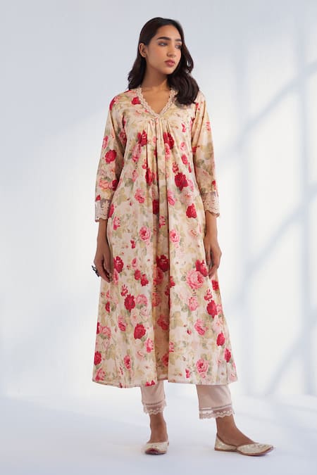 Buy Roze Beige Cotton, Chiffon Embroidery, Lace V-neck Farida Floral Print Kurta Pant Set Online at Aza Fashions Buy_Roze_Beige Cotton, Chiffon Embroidery, Lace V-neck Farida Floral Print Kurta Pant Set _Online_at_Aza_Fashions