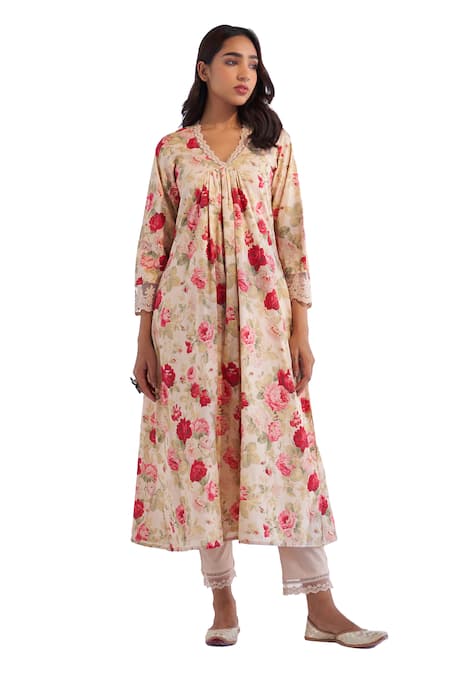 Shop Roze Beige Cotton, Chiffon Embroidery, Lace V-neck Farida Floral Print Kurta Pant Set Online at Aza Fashions Shop_Roze_Beige Cotton, Chiffon Embroidery, Lace V-neck Farida Floral Print Kurta Pant Set _Online_at_Aza_Fashions