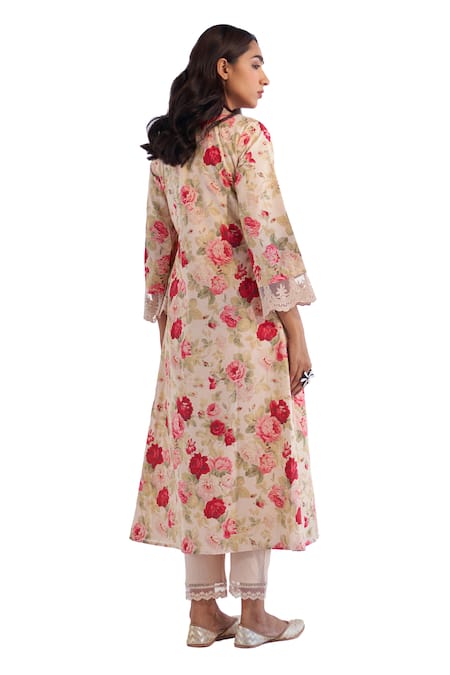 Roze Beige Cotton, Chiffon Embroidery, Lace V-neck Farida Floral Print Kurta Pant Set at Aza Fashions Roze_Beige Cotton, Chiffon Embroidery, Lace V-neck Farida Floral Print Kurta Pant Set _at_Aza_Fashions