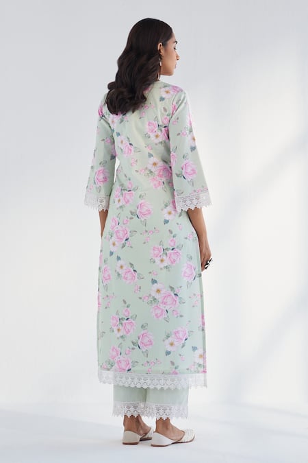 Shop Roze Green Cotton, Chiffon Lace Split V-neck Huma Floral Print Kurta Pant Set at Aza Fashions Shop_Roze_Green Cotton, Chiffon Lace Split V-neck Huma Floral Print Kurta Pant Set _at_Aza_Fashions