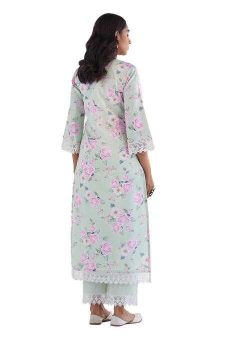 Roze Green Cotton, Chiffon Lace Split V-neck Huma Floral Print Kurta Pant Set Online at Aza Fashions Roze_Green Cotton, Chiffon Lace Split V-neck Huma Floral Print Kurta Pant Set _Online_at_Aza_Fashions