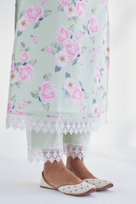 Buy Roze Green Cotton, Chiffon Lace Split V-neck Huma Floral Print Kurta Pant Set Online at Aza Fashions Buy_Roze_Green Cotton, Chiffon Lace Split V-neck Huma Floral Print Kurta Pant Set _Online_at_Aza_Fashions
