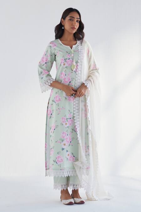 Roze Green Cotton, Chiffon Lace Split V-neck Huma Floral Print Kurta Pant Set at Aza Fashions Roze_Green Cotton, Chiffon Lace Split V-neck Huma Floral Print Kurta Pant Set _at_Aza_Fashions