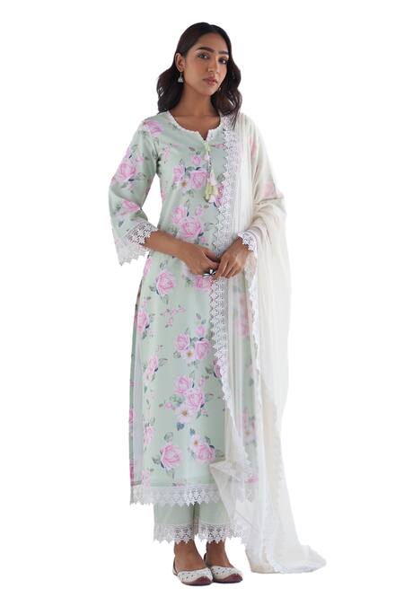 Buy Roze Green Cotton, Chiffon Lace Split V-neck Huma Floral Print Kurta Pant Set Buy_Roze_Green Cotton, Chiffon Lace Split V-neck Huma Floral Print Kurta Pant Set