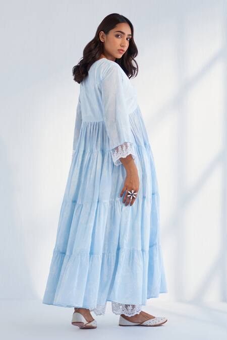 Roze_Blue Cotton Embroidery V-neck Laila Pure Anarkali _at_Aza_Fashions