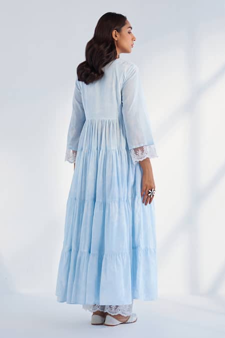 Shop_Roze_Blue Cotton, Kota Doria Embroidery V-neck Laila Pure Anarkali Pant Set _at_Aza_Fashions