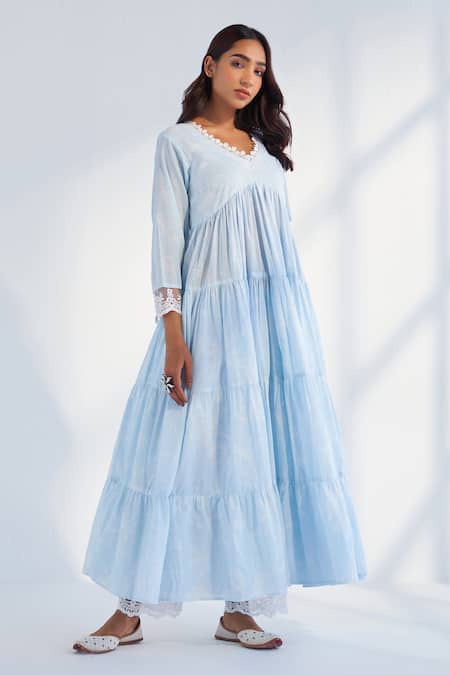 Roze_Blue Cotton, Kota Doria Embroidery V-neck Laila Pure Anarkali Pant Set _Online_at_Aza_Fashions