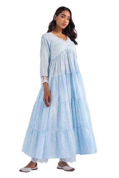 Buy_Roze_Blue Cotton, Kota Doria Embroidery V-neck Laila Pure Anarkali Pant Set _Online_at_Aza_Fashions