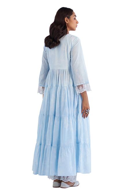 Shop_Roze_Blue Cotton, Kota Doria Embroidery V-neck Laila Pure Anarkali Pant Set _Online_at_Aza_Fashions