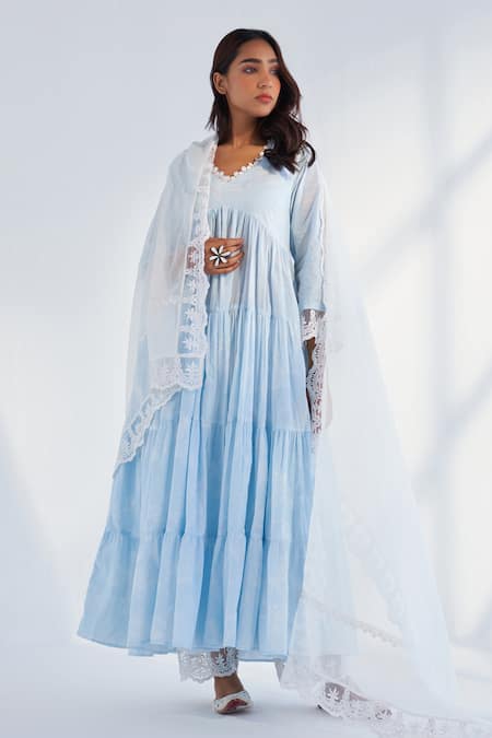 Buy_Roze_Blue Cotton, Kota Doria Embroidery V-neck Laila Pure Anarkali Pant Set 