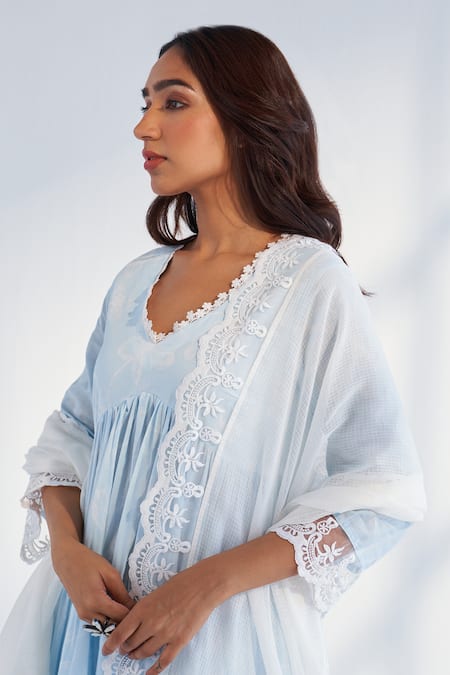 Shop_Roze_Blue Cotton, Kota Doria Embroidery V-neck Laila Pure Anarkali Pant Set 