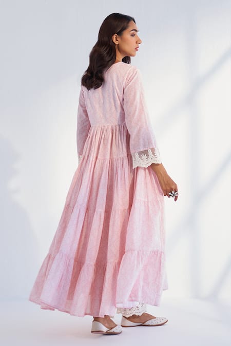 Shop_Roze_Pink Cotton Embroidery V-neck Laila Floral Print Anarkali _at_Aza_Fashions