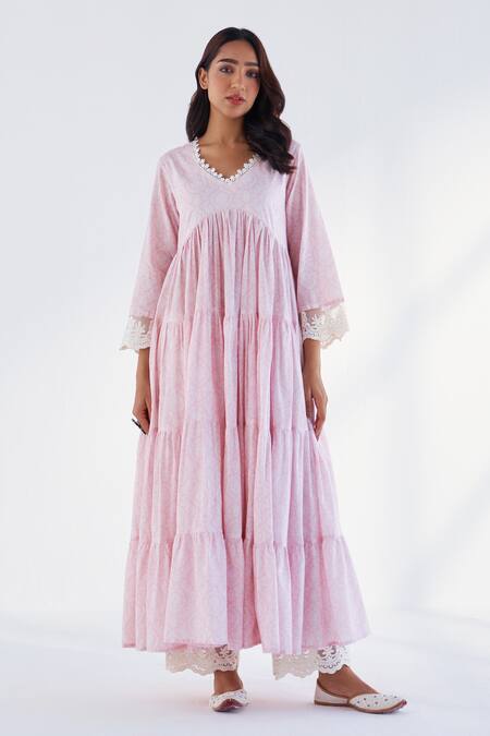 Roze_Pink Cotton Embroidery V-neck Laila Floral Print Anarkali _Online_at_Aza_Fashions