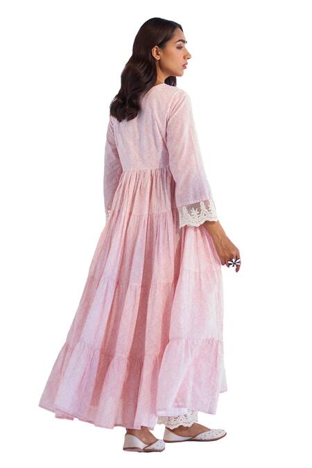 Shop_Roze_Pink Cotton Embroidery V-neck Laila Floral Print Anarkali _Online_at_Aza_Fashions