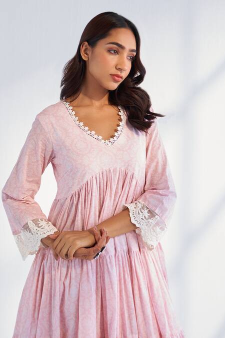 Roze_Pink Cotton Embroidery V-neck Laila Floral Print Anarkali _at_Aza_Fashions